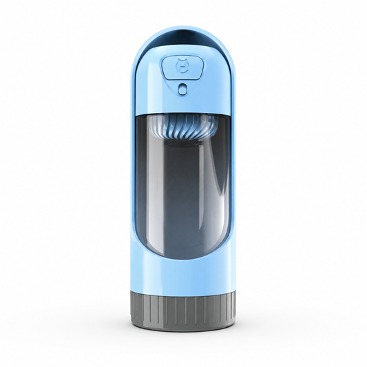Blue TrendyPet's Zone portable pet dog water bottle with built-in drinking bowl for small and large dogs.