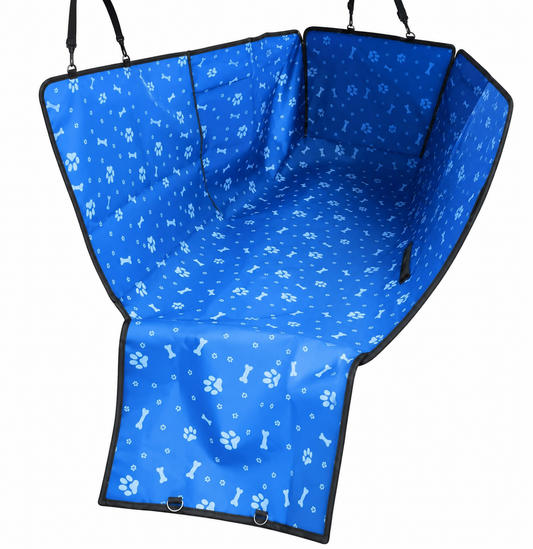 Blue and white paw print waterproof dog car seat cover, rear hammock style with safety belt for transporting pets.