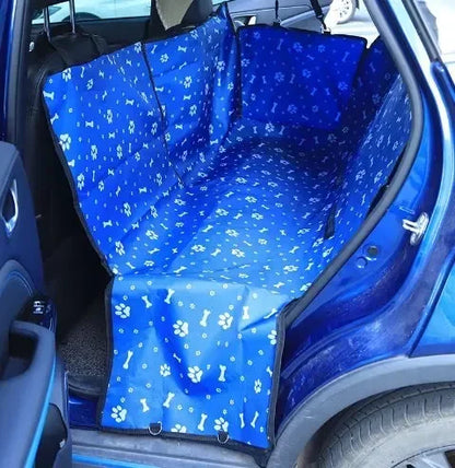 Blue and white paw-print waterproof dog car seat cover with safety belt, rear hammock style for transporting pets by TrendyPet's Zone.