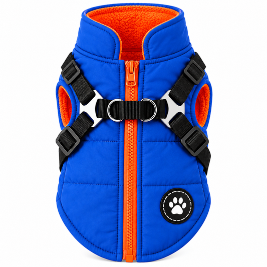 Blue waterproof dog vest jacket with harness by TrendyPet's Zone for winter outdoor protection