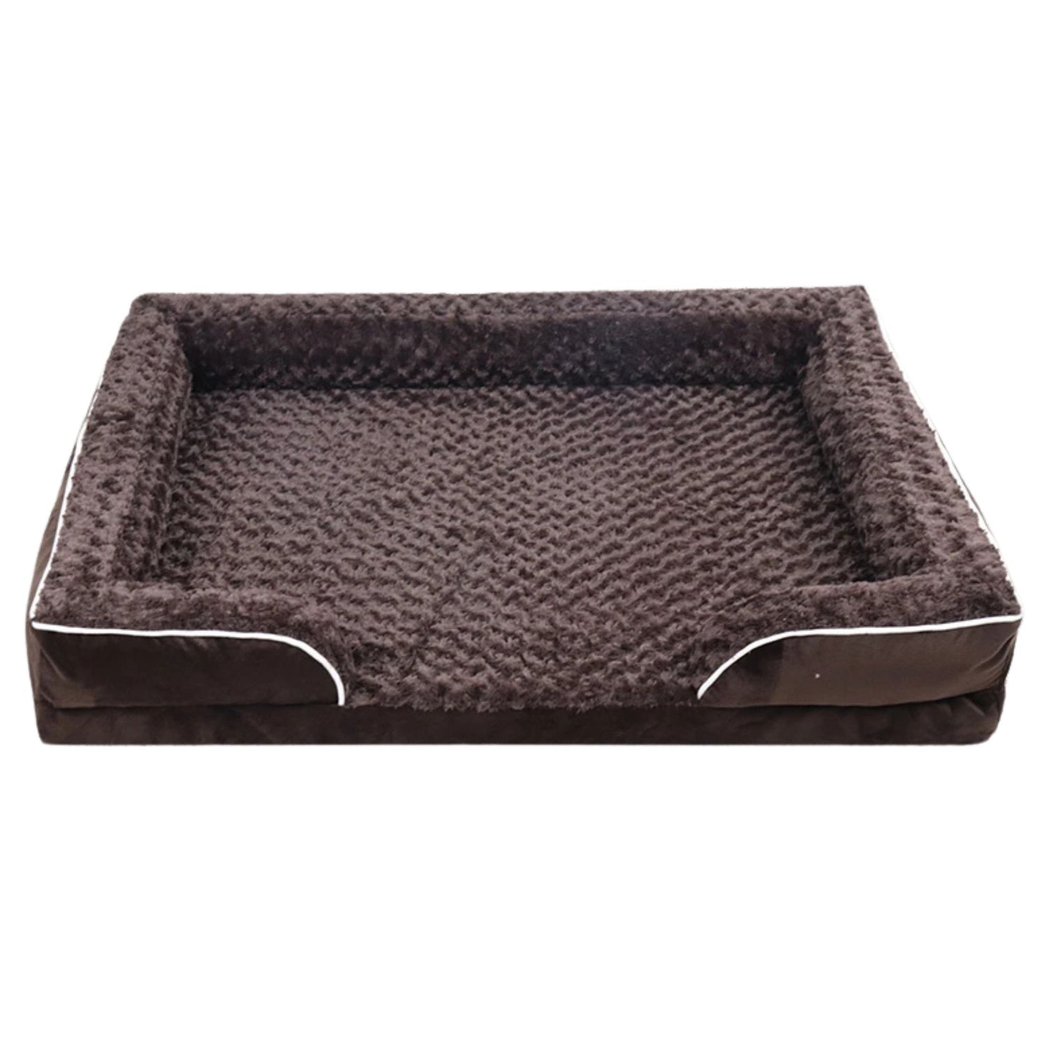 Brown bolster dog bed with waterproof lining, non-skid bottom, washable cover, and orthopedic egg foam cushioning by TrendyPet's Zone
