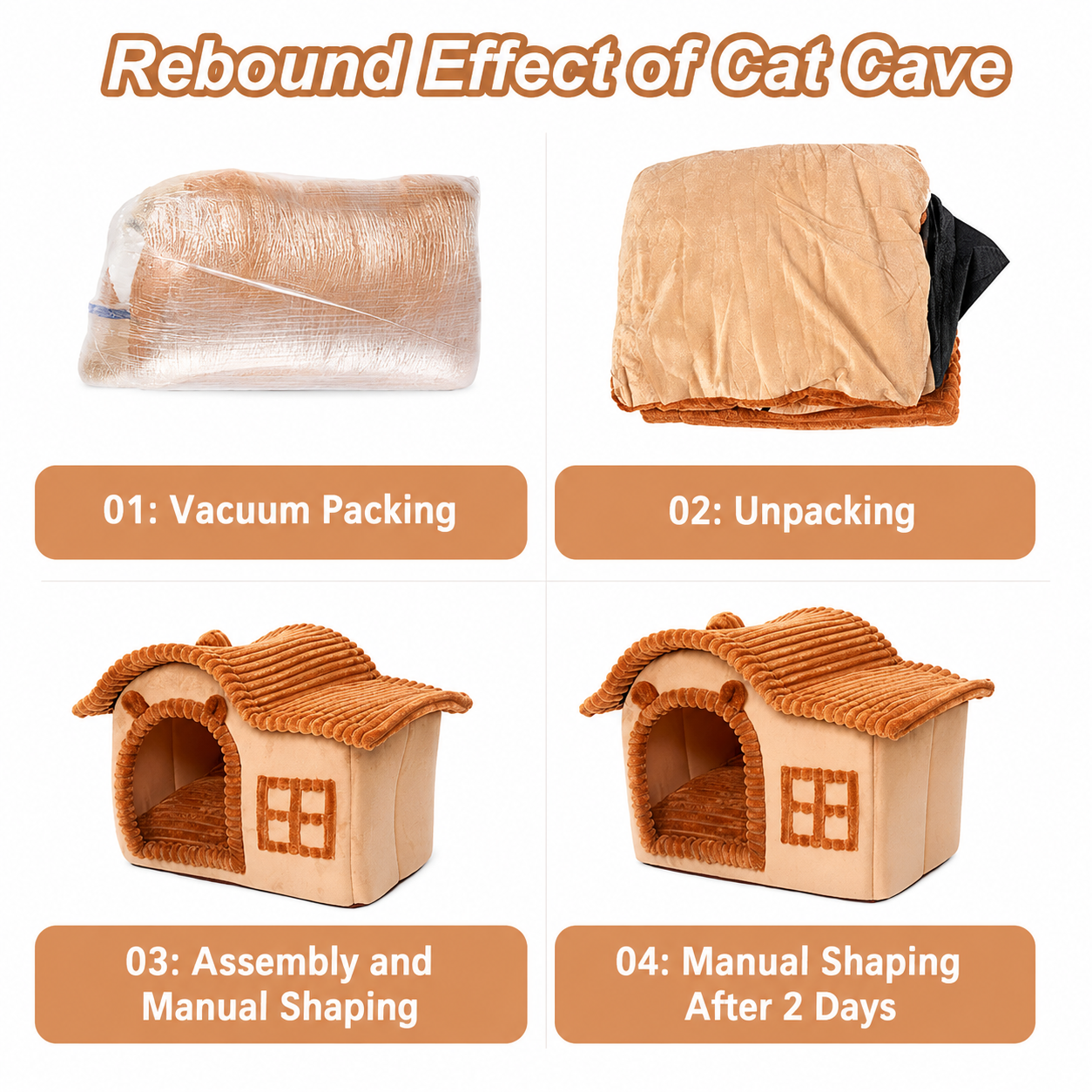 Brown foldable cat house with a cozy bed mat, basket, and cave sofa for comfortable feline lounging by TrendyPet's Zone.