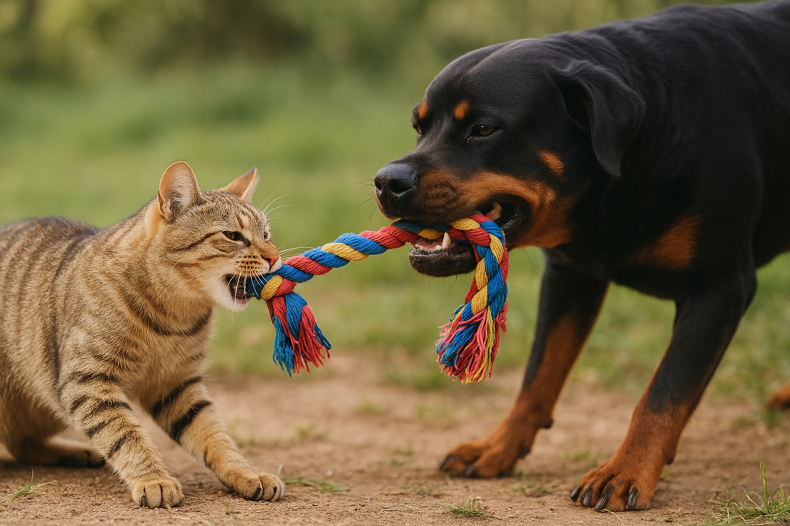 Cat and Rottweiler playing with a colorful rope toy outdoors. TrendyPet's Zone