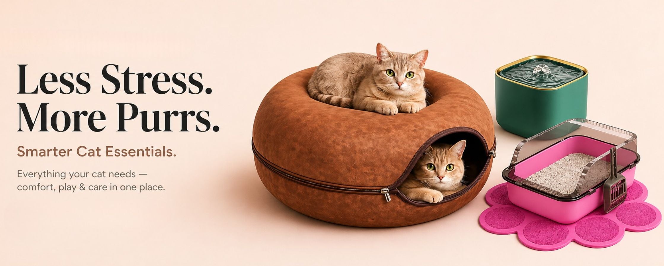Cat bed with cats inside, cat food bowl, and litter box on a beige background with text 'Less Stress. More Purrs.' TrendyPet's Zone