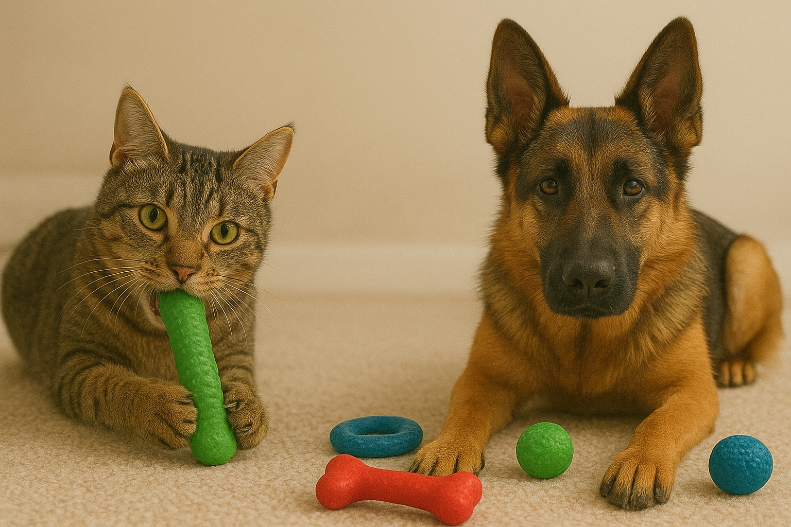 Cat holding a green toy next to a German Shepherd with colorful toys on a beige carpet. TrendyPets Zone