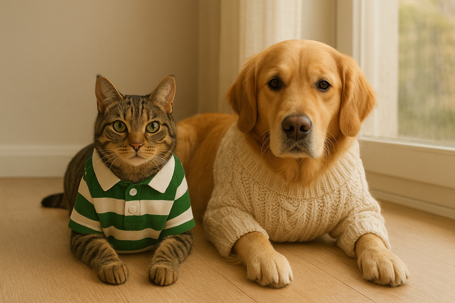 Cat in a green and white striped sweater and dog in a beige sweater sitting on a wooden floor. TrendyPet's Zone