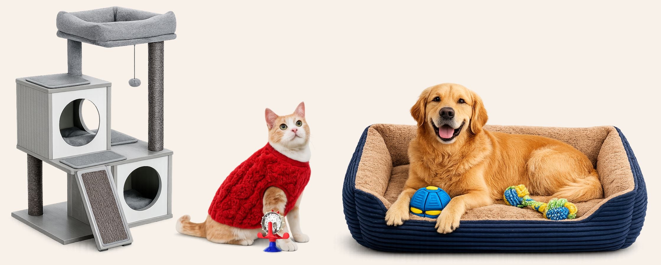 Cat in a sweater with a toy, dog with a chew toy on a bed, and cat tree on a white background TrendyPet's Zone