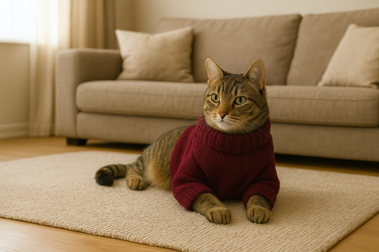 Cat wearing a red sweater sitting on a beige rug in a living room. TrendyPet's Zone