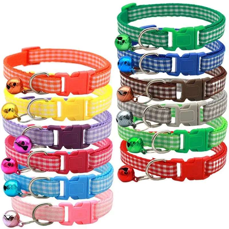 Red checkered striped pet collar with a bell, adjustable nylon design for cats and small dogs, from TrendyPet's Zone.