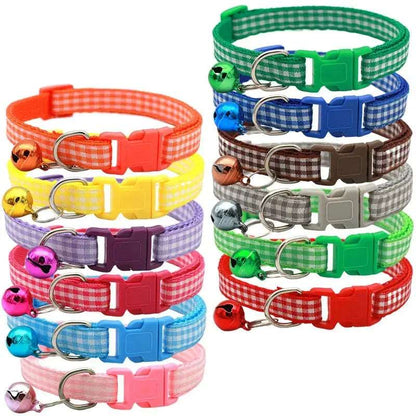 Red checkered striped pet collar with a bell, adjustable nylon design for cats and small dogs, from TrendyPet's Zone.