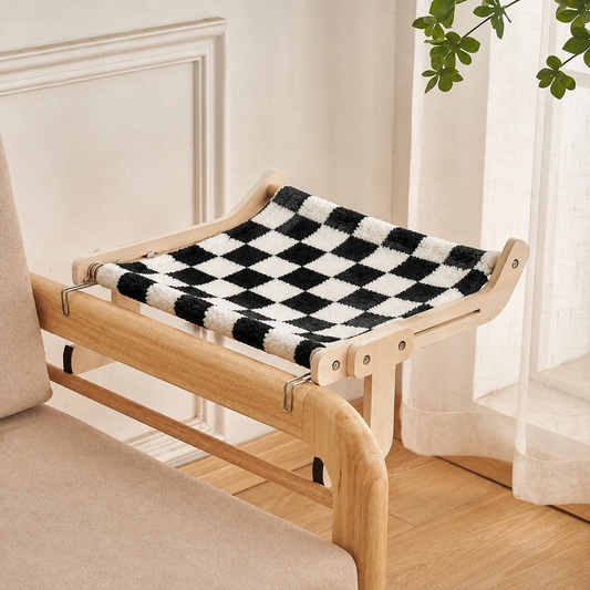 Checkered wooden cat hammock hanging bed shelf by TrendyPet's Zone, designed as a cozy perch for cats on Kallax shelves.