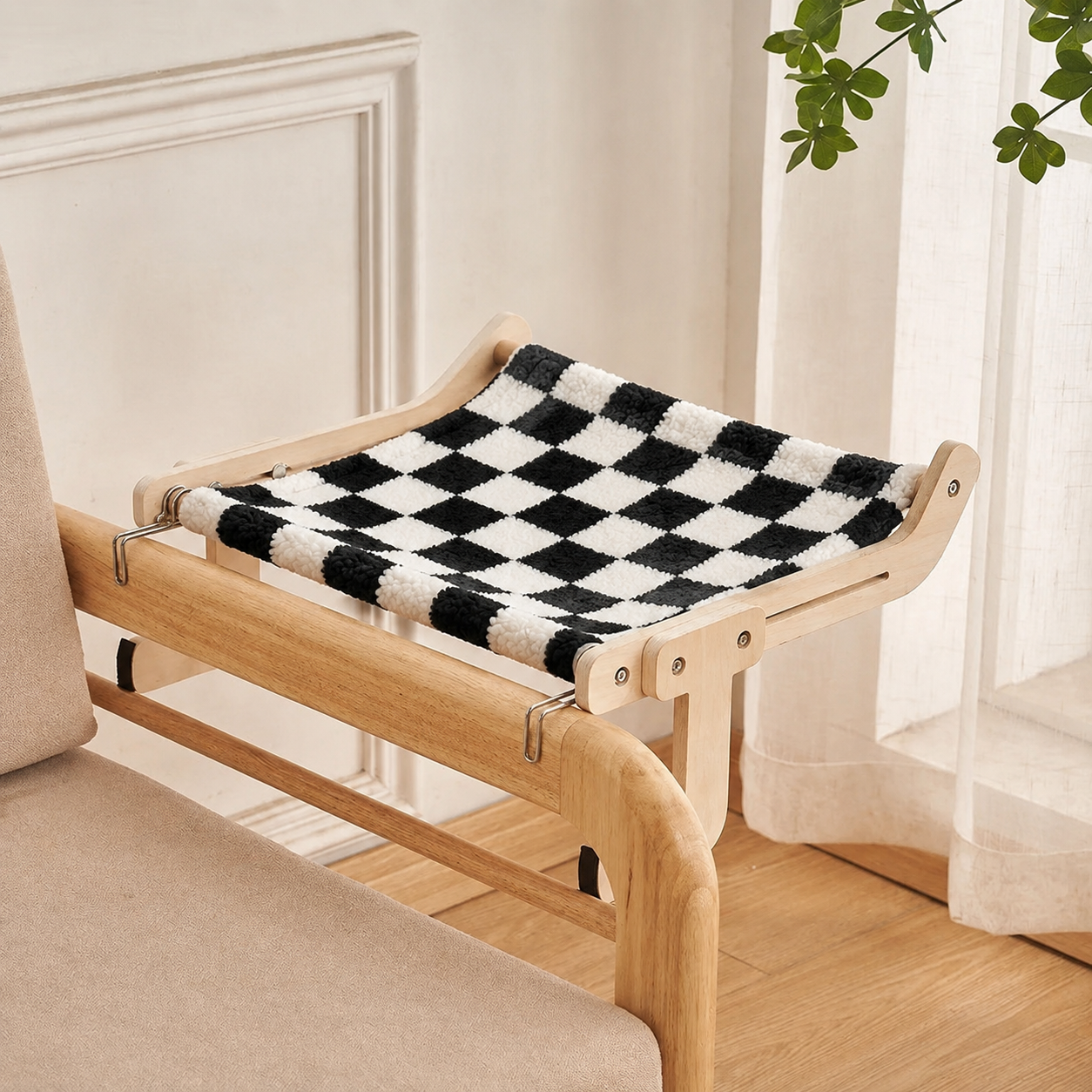 Checkered wooden cat hammock hanging bed shelf by TrendyPet's Zone, designed as a cozy perch for cats on Kallax shelves.