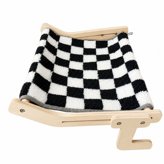 Checkered wooden cat hammock hanging bed with perch, designed for Kallax shelves by TrendyPet's Zone, featuring a cozy checkered pattern.