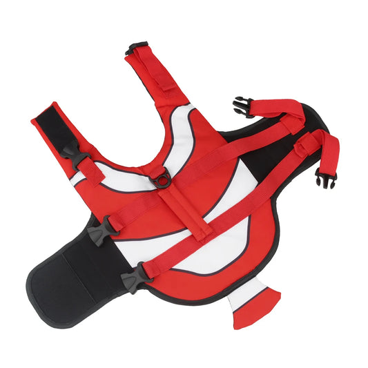 Red clown fish-shaped dog life jacket with adjustable straps, designed for swimming safety and comfort for pets.