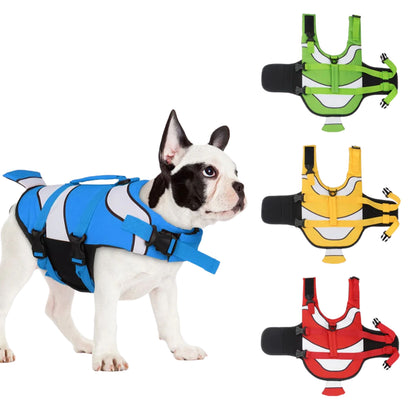Blue clown fish-themed dog life jacket with adjustable straps, designed for safe swimming and summer outdoor activities.