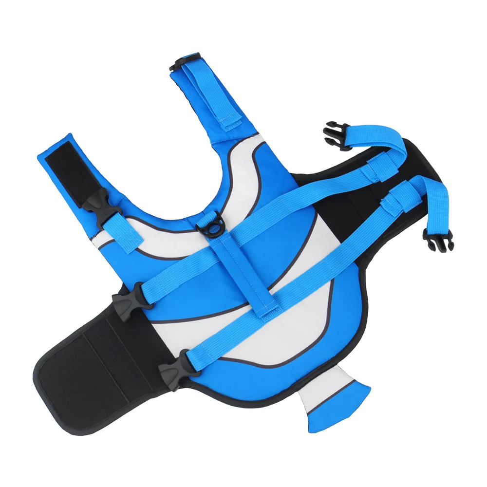 Blue clown fish-themed dog life jacket with adjustable straps, designed for swimming safety and comfort for pets.