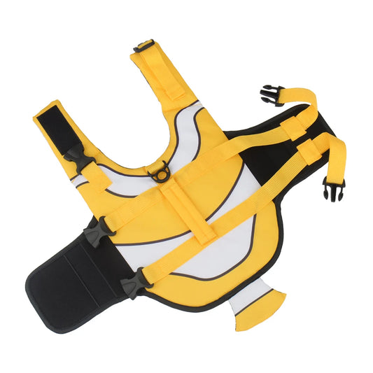 Yellow clown fish dog life jacket with adjustable straps, designed for safety and comfort during swimming for pets.