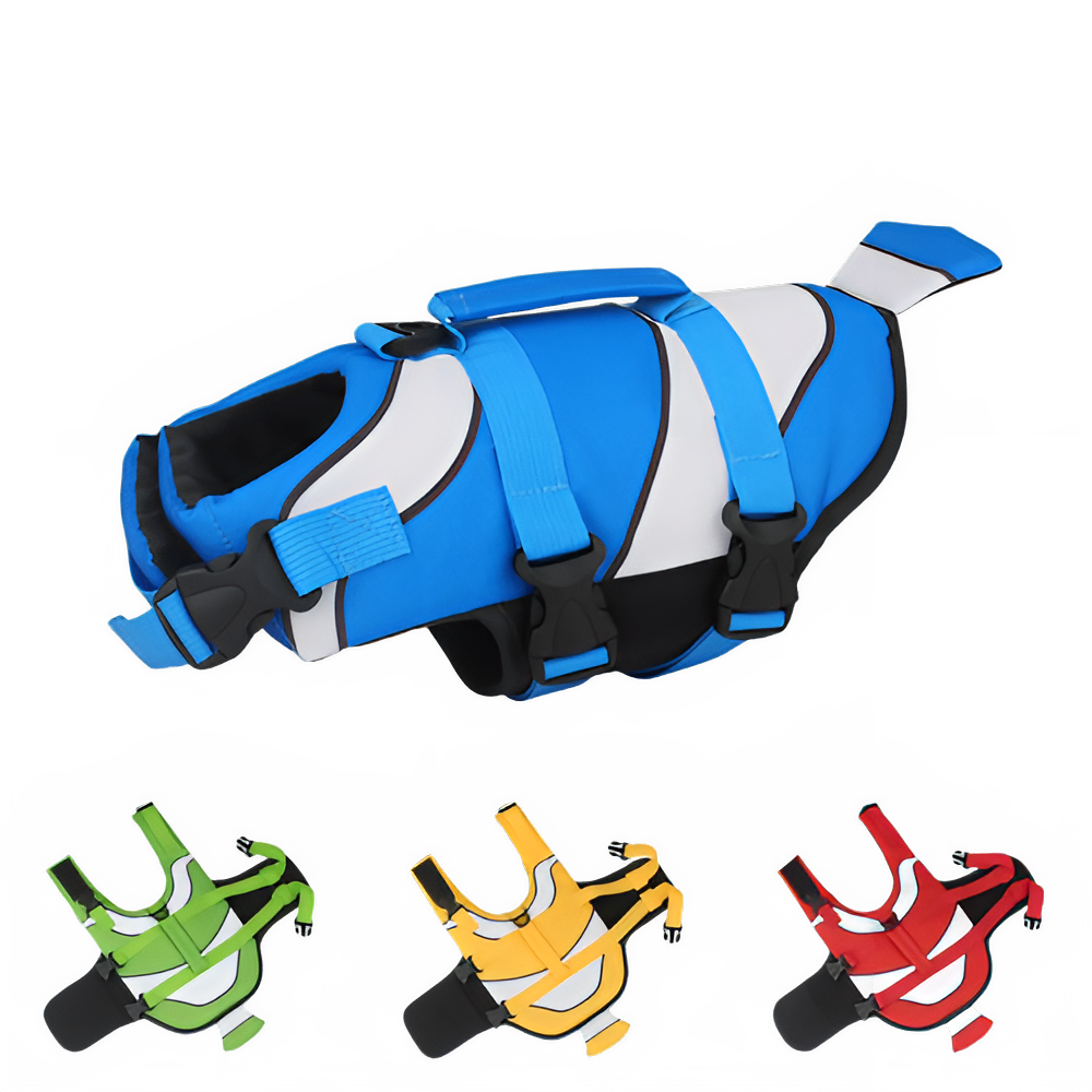Blue clown fish-themed dog life jacket designed for swimming safety, featuring adjustable straps and bright colors for visibility.