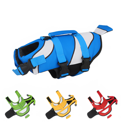 Blue clown fish-themed dog life jacket designed for swimming safety, featuring adjustable straps and bright colors for visibility.