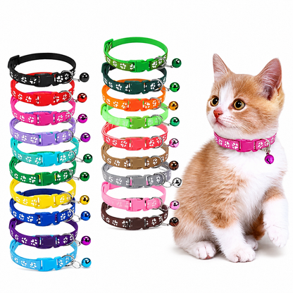 Colorful yellow nylon cat collar with paw print pattern and bell, adjustable for cats and small dogs by TrendyPet's Zone