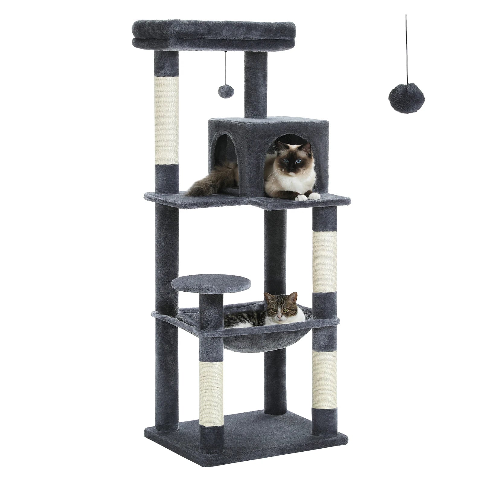 Dark Gray TrendyPet's Zone cat tree with plush platforms, sisal scratching posts, spacious hammock, and large condos for cats.