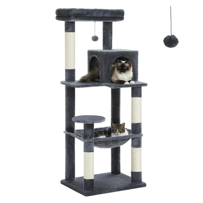 Dark Gray TrendyPet's Zone cat tree with plush platforms, sisal scratching posts, spacious hammock, and large condos for cats.