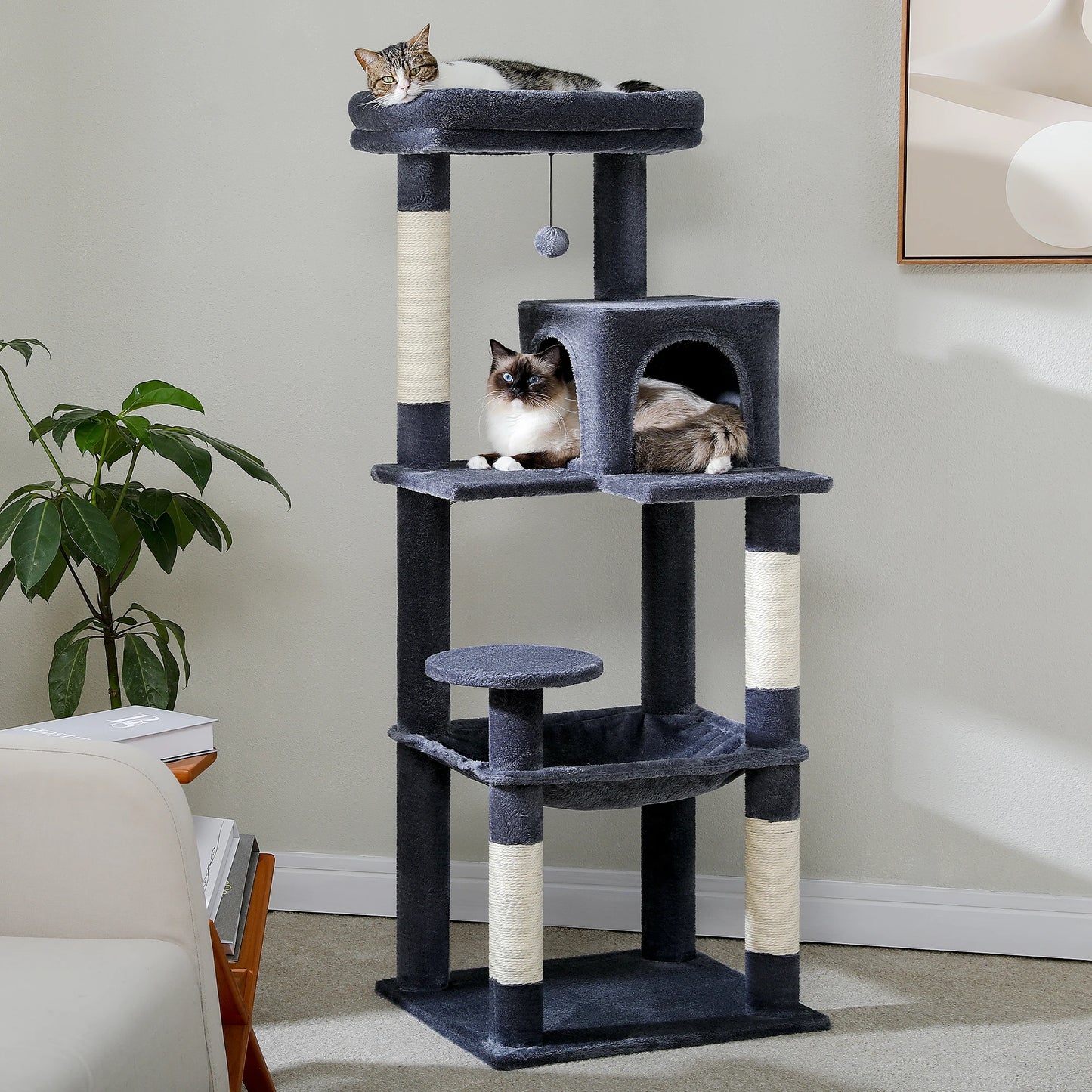 Dark Gray TrendyPet's Zone cat tree with plush platforms, sisal scratching posts, spacious hammock, and large condos for cats.