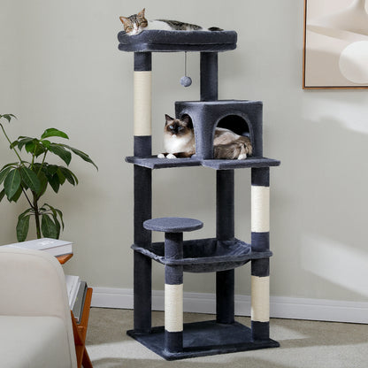 Dark Gray TrendyPet's Zone cat tree with plush platforms, sisal scratching posts, spacious hammock, and large condos for cats.