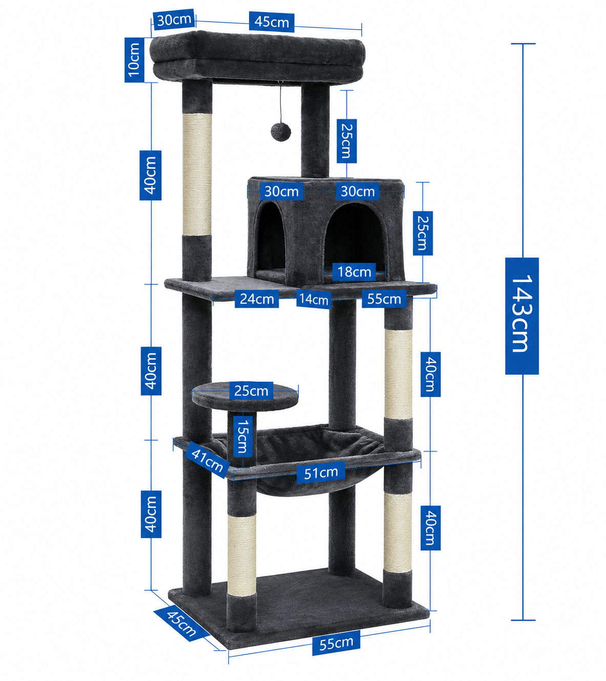 Dark Gray TrendyPet's Zone cat tree with plush platforms, sisal scratching posts, spacious hammock, and large condos for cats.