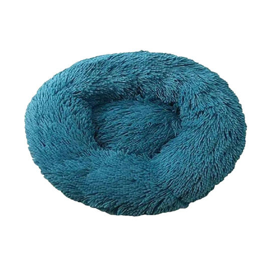 Dark cyan round plush pet bed by TrendyPet's Zone, soft and cozy for dogs and cats with a detachable design and zipper closure.
