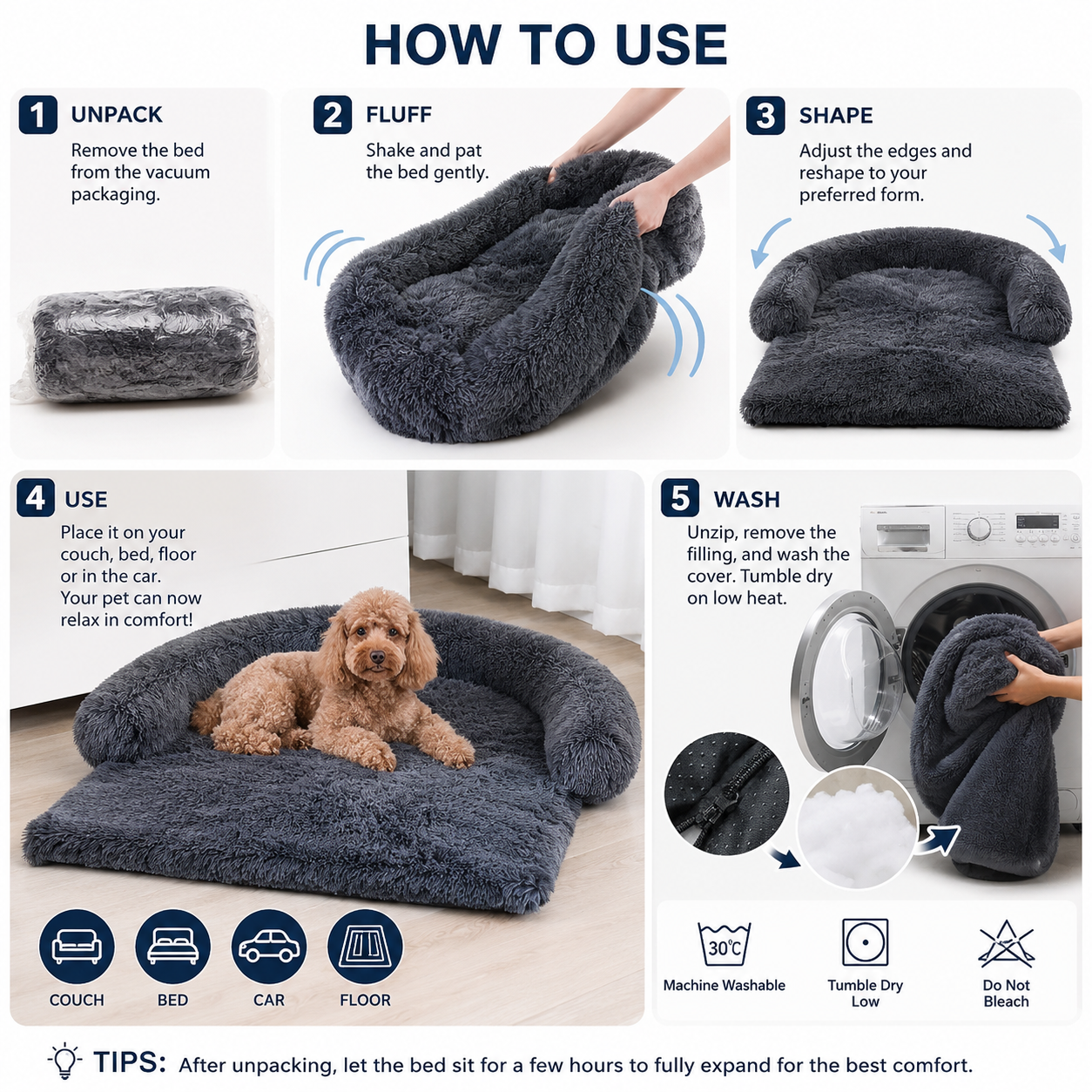 Dark gray washable plush dog bed and sofa mat by TrendyPet's Zone, winter warm cushion with removable cover for pets.