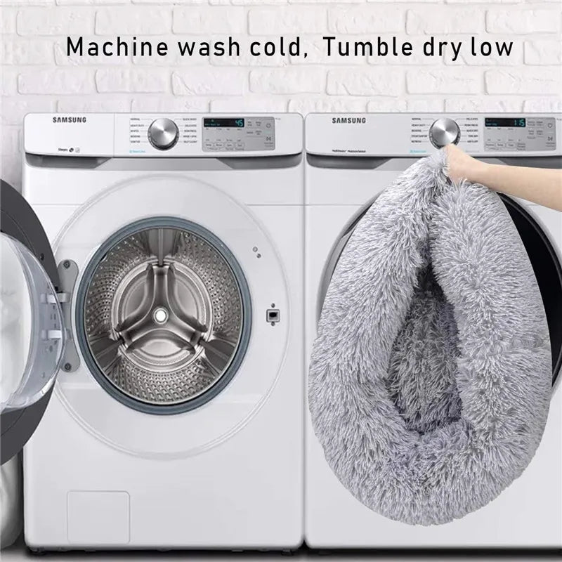 Dark grey round plush pet bed by TrendyPet's Zone, soft and cozy dog and cat bed with zipper and thick cushioning.