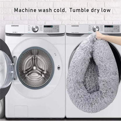 Dark grey round plush pet bed by TrendyPet's Zone, soft and cozy dog and cat bed with zipper and thick cushioning.