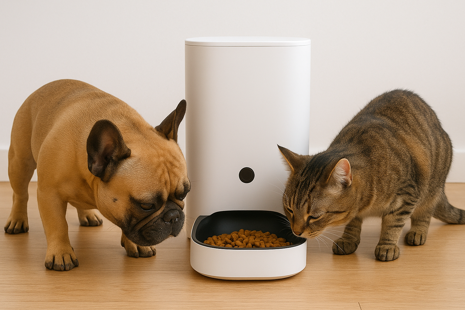 Dog and cat eating from a white pet feeder on a wooden floor. TrendyPets Zone
