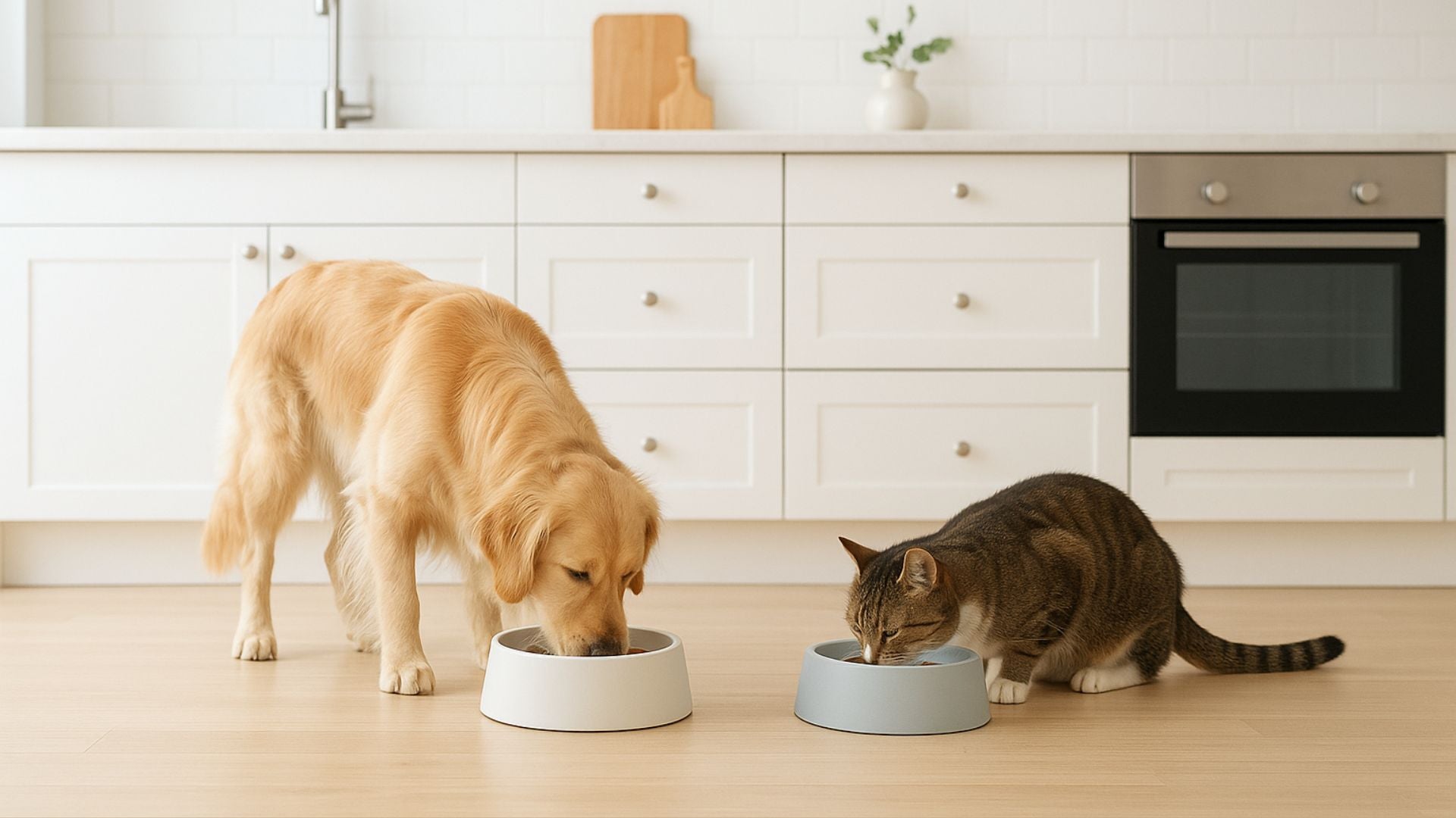 Dog and cat eating from bowls on a kitchen floor TrendyPet's Zone