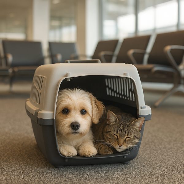 Pet calmly inside a carrier at the airport