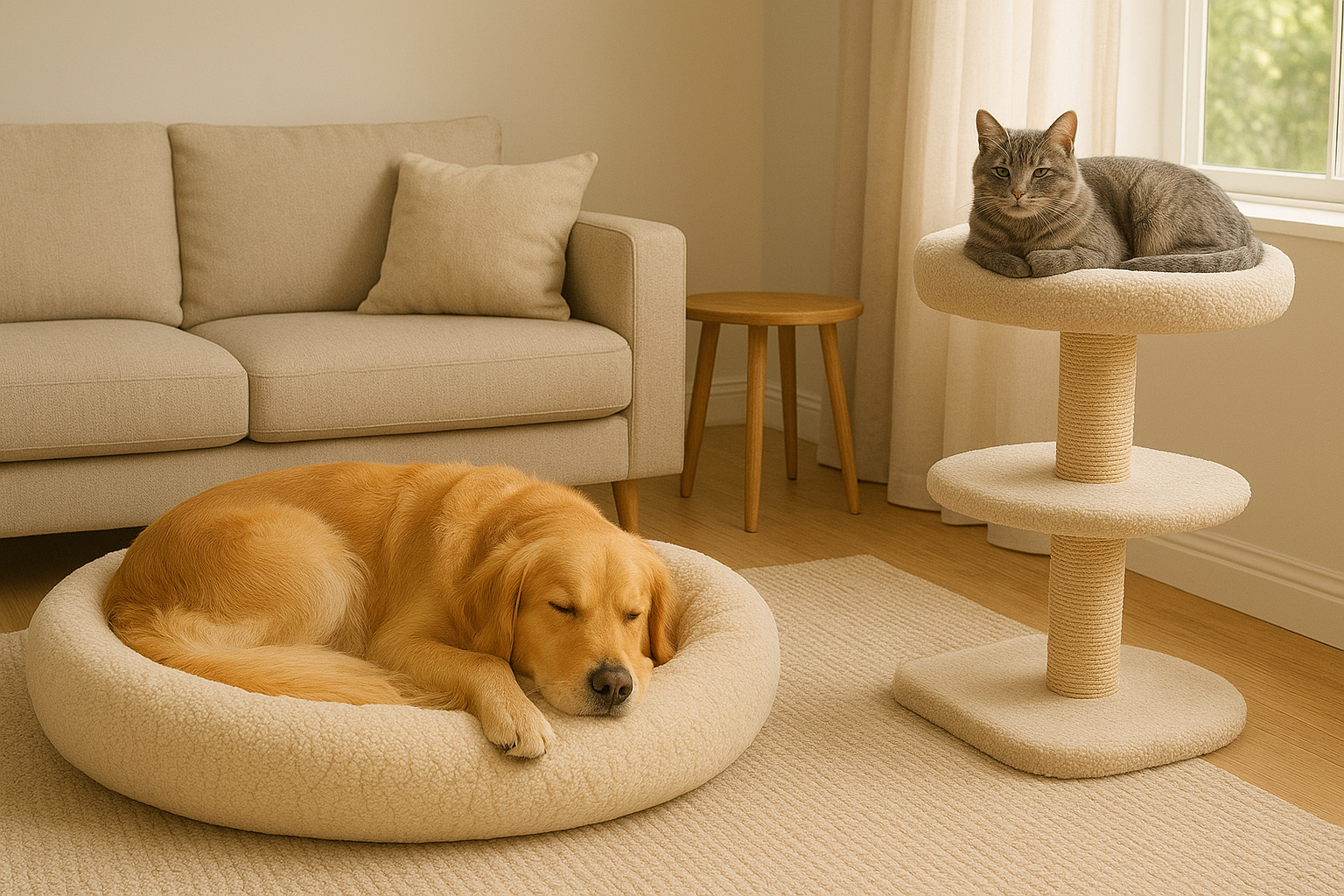Dog and cat resting in a home setting with a couch, table, and cat tree. TrendyPets Zone