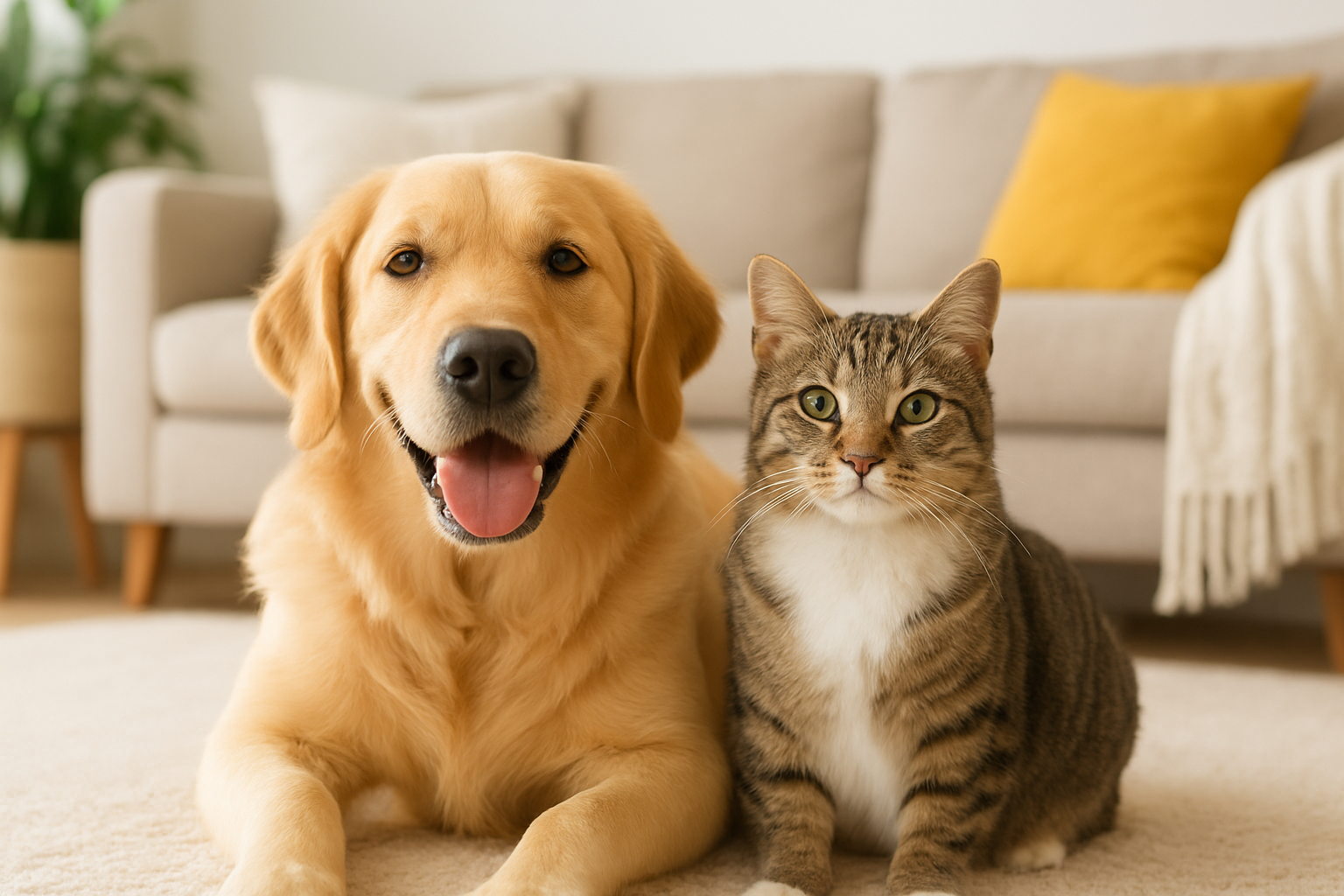 Dog and cat sitting together on a carpeted floor with a couch and plant in the background TrendyPets Zone