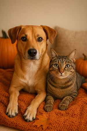 Dog and cat sitting together on an orange blanket with pumpkins in the background TrendyPet's Zone
