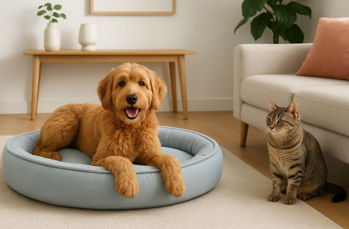 Dog on a blue pet bed with a cat standing nearby in a living room. TrendyPet's Zone