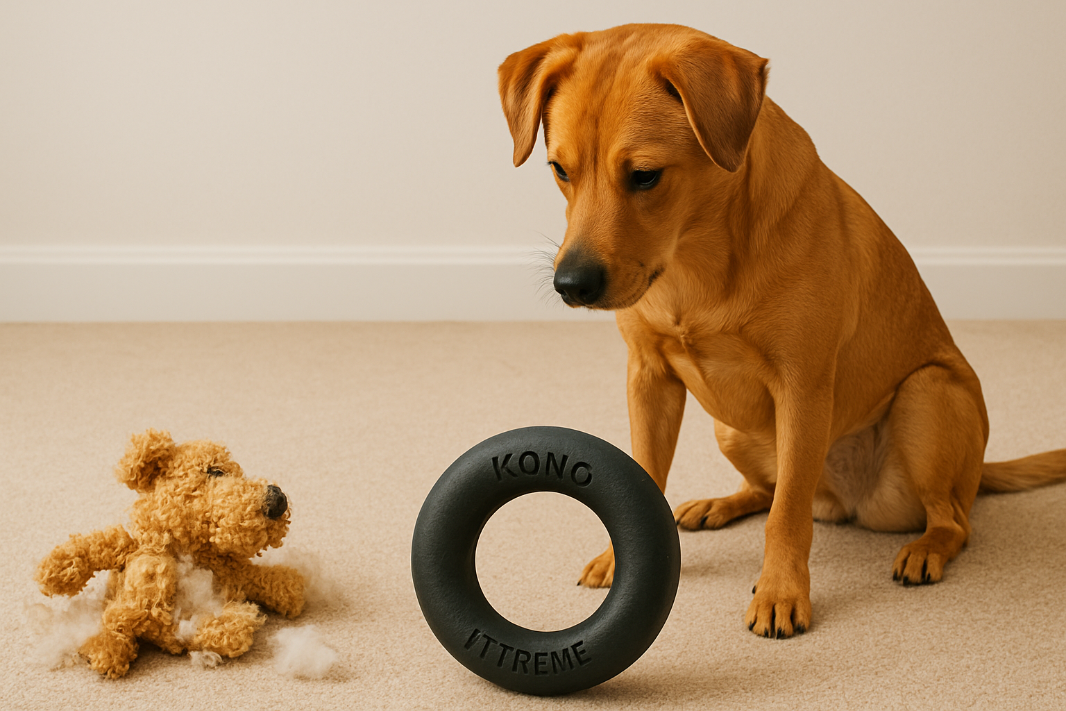 Dog sitting on a carpeted floor with a teddy bear and a KONG Extreme toy. TrendyPet's Zone