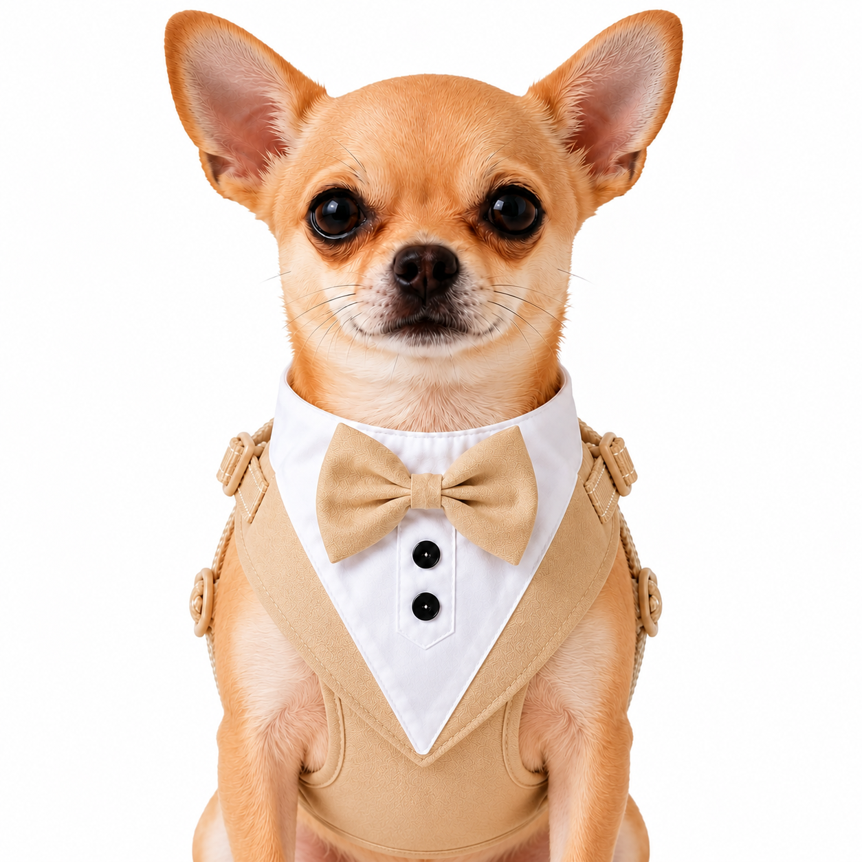 Dog tuxedo suit with bowtie from TrendyPet's Zone, stylish pet outfit for weddings and parties, shown on a small dog.