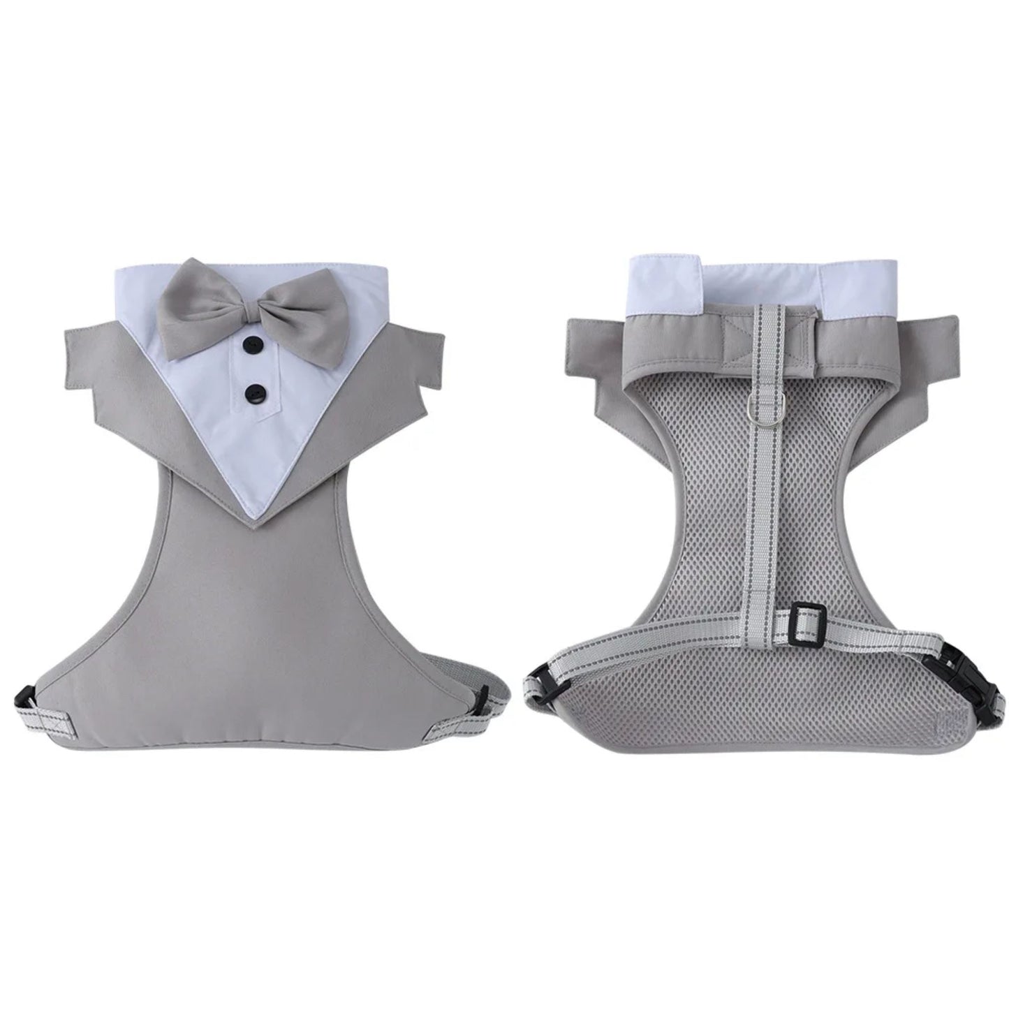 Dog tuxedo suit with bowtie from TrendyPet's Zone, stylish pet outfit for weddings and parties, shown on a small dog.