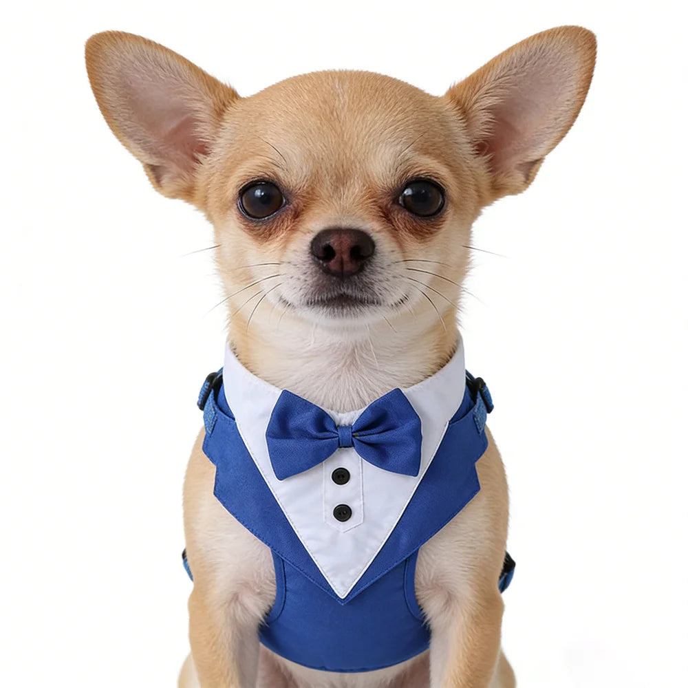 Dog tuxedo suit with bowtie from TrendyPet's Zone, stylish pet outfit for weddings and parties, shown on a small dog.