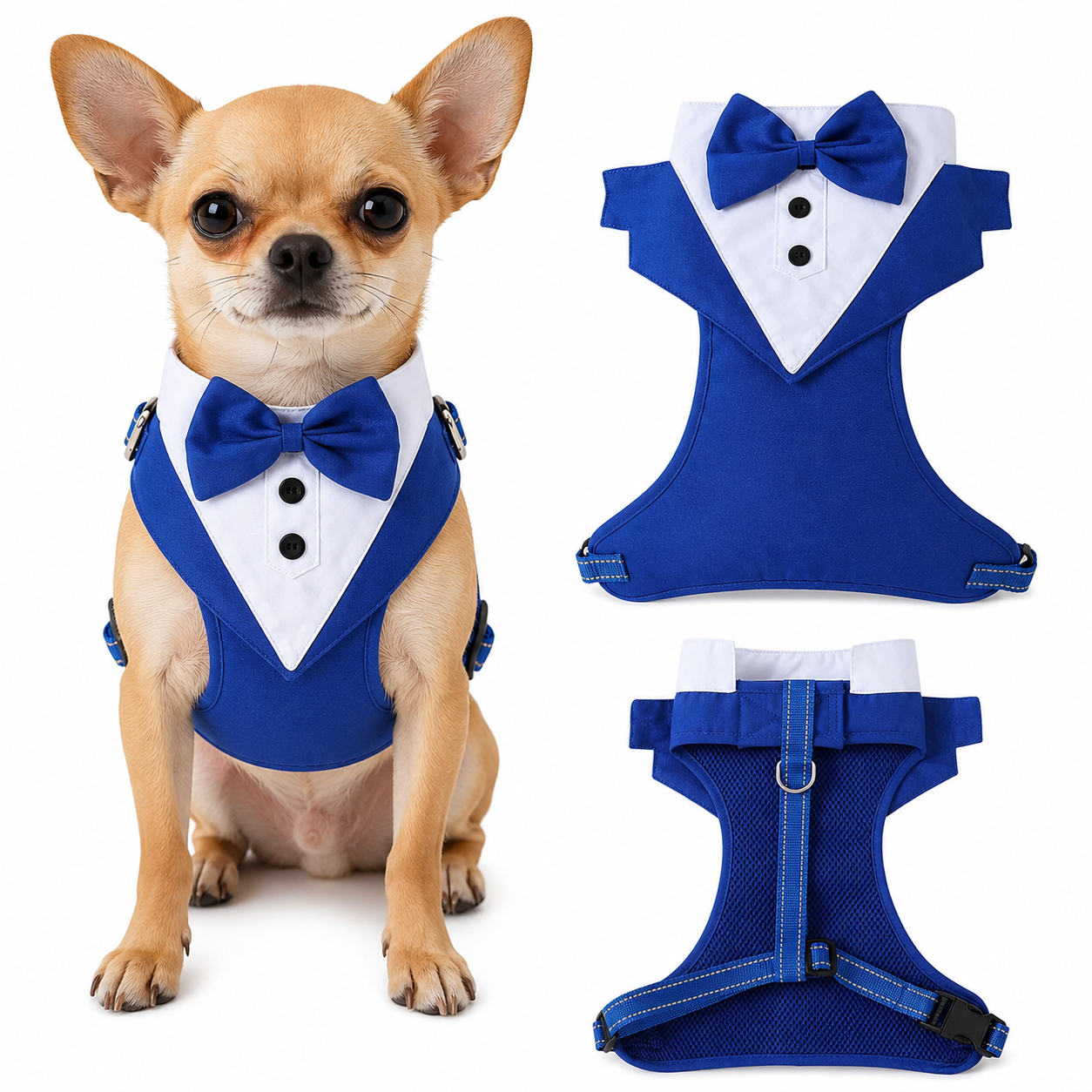 Dog tuxedo suit with bowtie from TrendyPet's Zone, stylish pet outfit for weddings and parties, shown on a small dog.