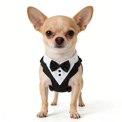 Dog tuxedo suit with bowtie from TrendyPet's Zone, stylish pet outfit for weddings and parties, shown on a small dog.