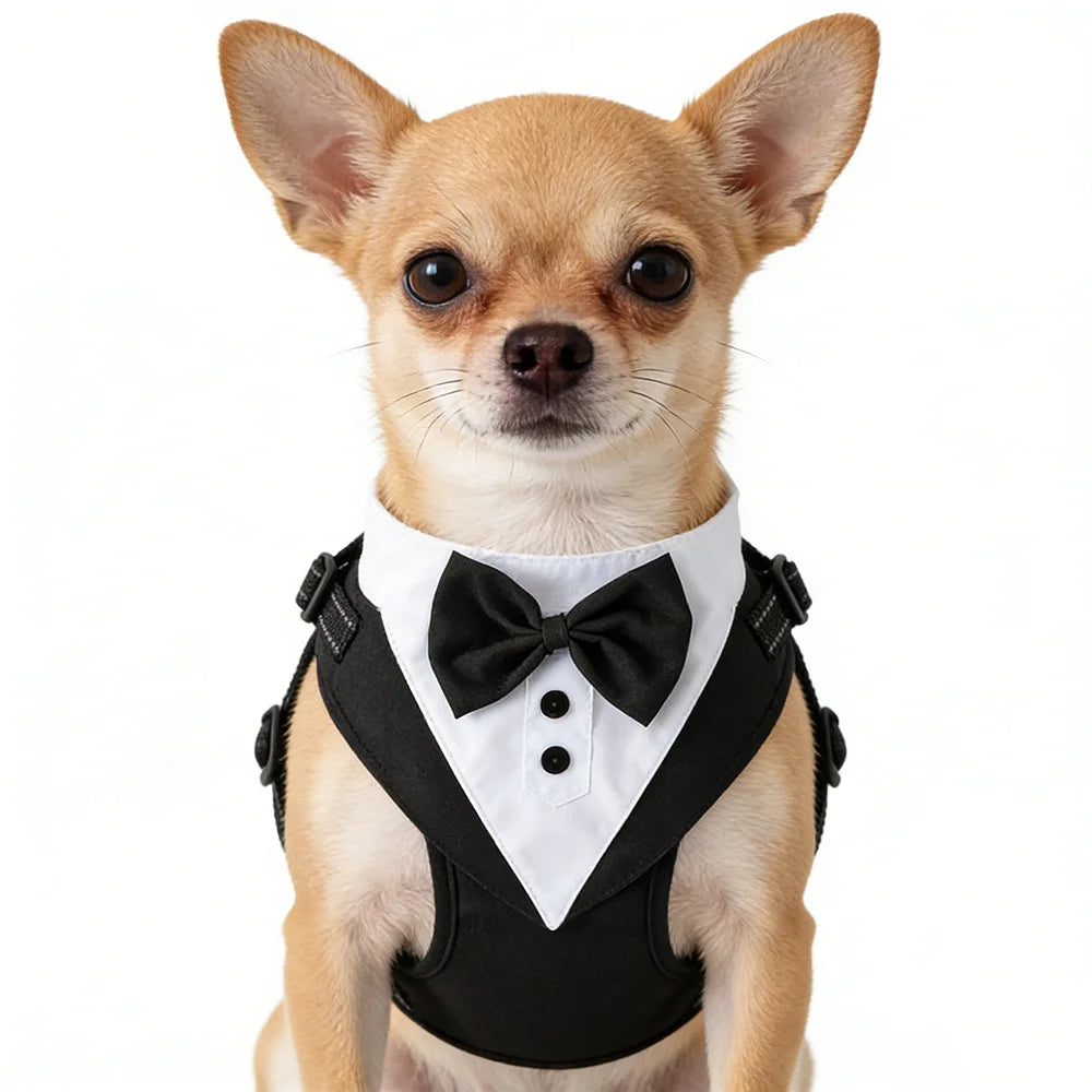 Dog tuxedo suit with bowtie from TrendyPet's Zone, stylish pet outfit for weddings and parties, shown on a small dog.