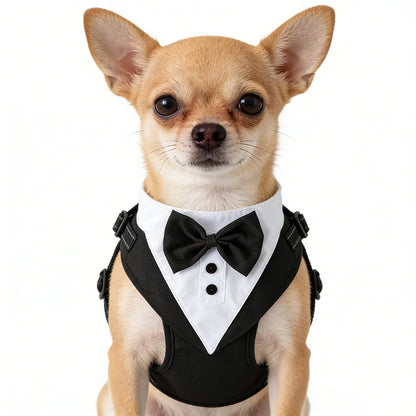 Dog tuxedo suit with bowtie from TrendyPet's Zone, stylish pet outfit for weddings and parties, shown on a small dog.
