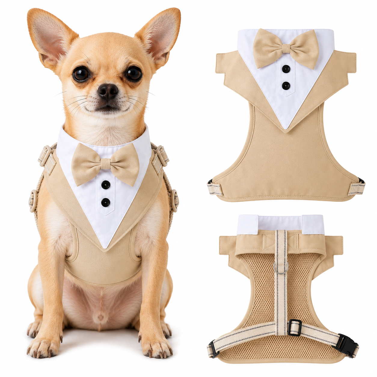 Dog tuxedo suit with bowtie from TrendyPet's Zone, stylish pet outfit for weddings and parties, shown on a small dog.