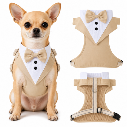 Dog tuxedo suit with bowtie from TrendyPet's Zone, stylish pet outfit for weddings and parties, shown on a small dog.